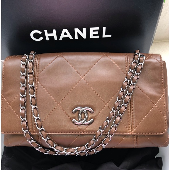 CHANEL Carmel Brown Flap Bag With Silver Hardware With Chain And Leather Handle - Picture 1 of 16